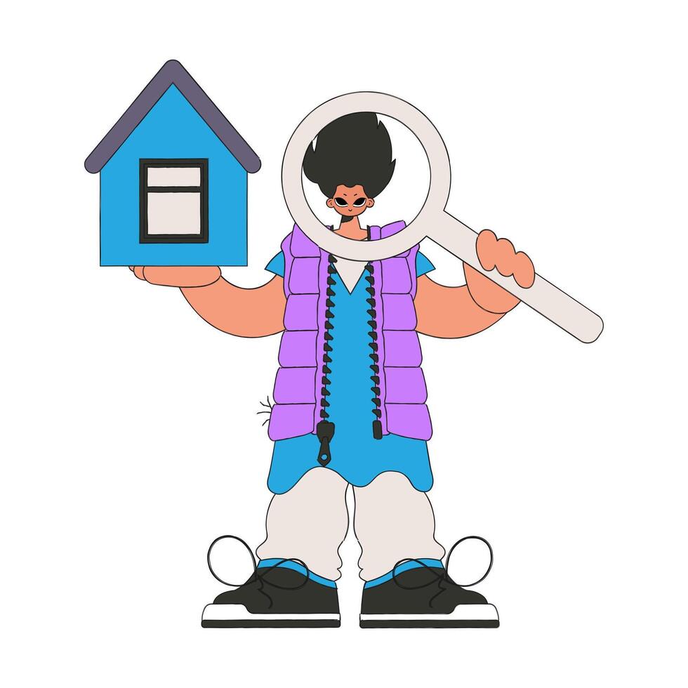 A male realtor is holding a house and a magnifying glass. Real estate home property. vector