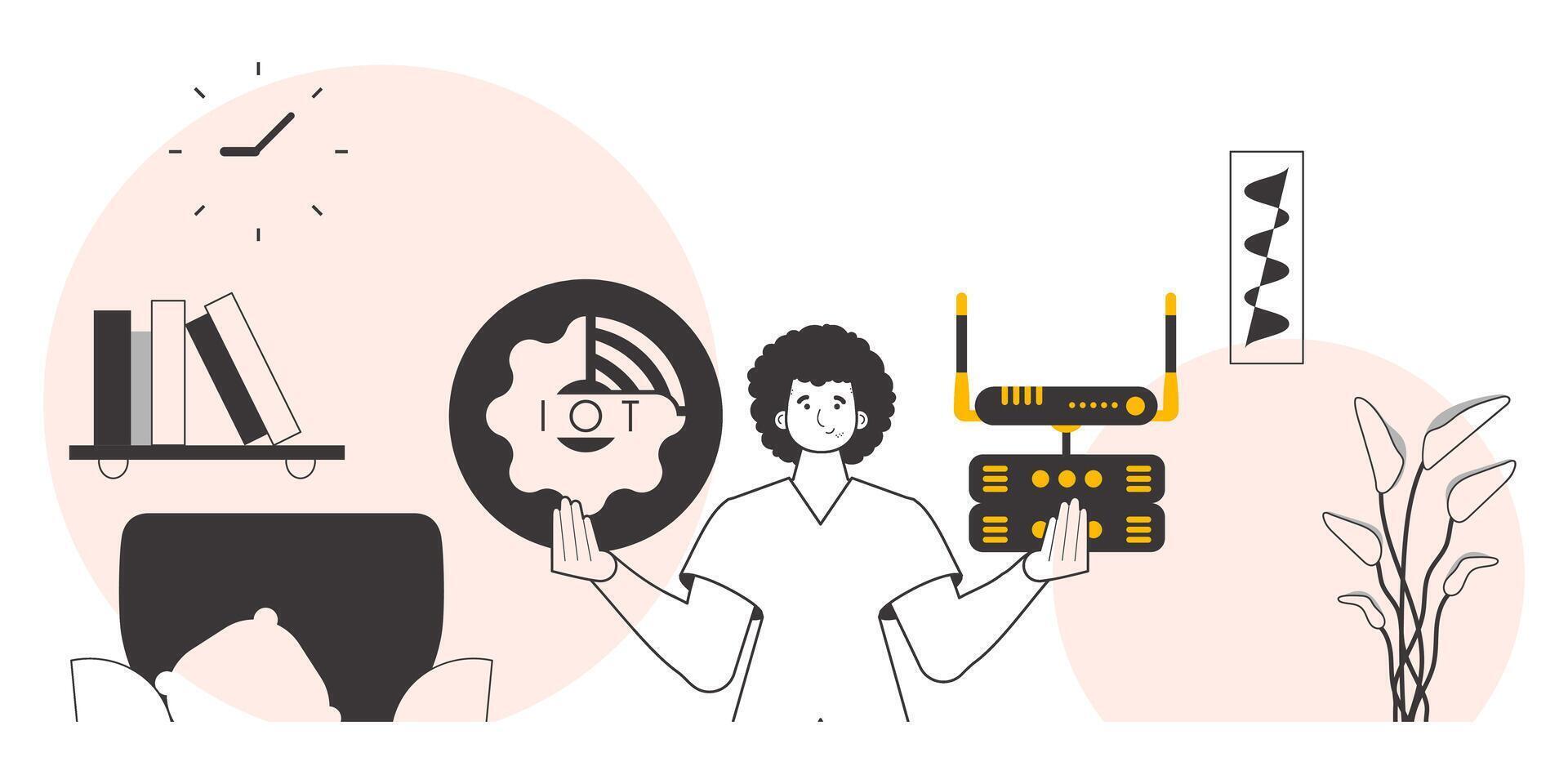 The guy holds the IOT logo in his hands. Linear style. . vector