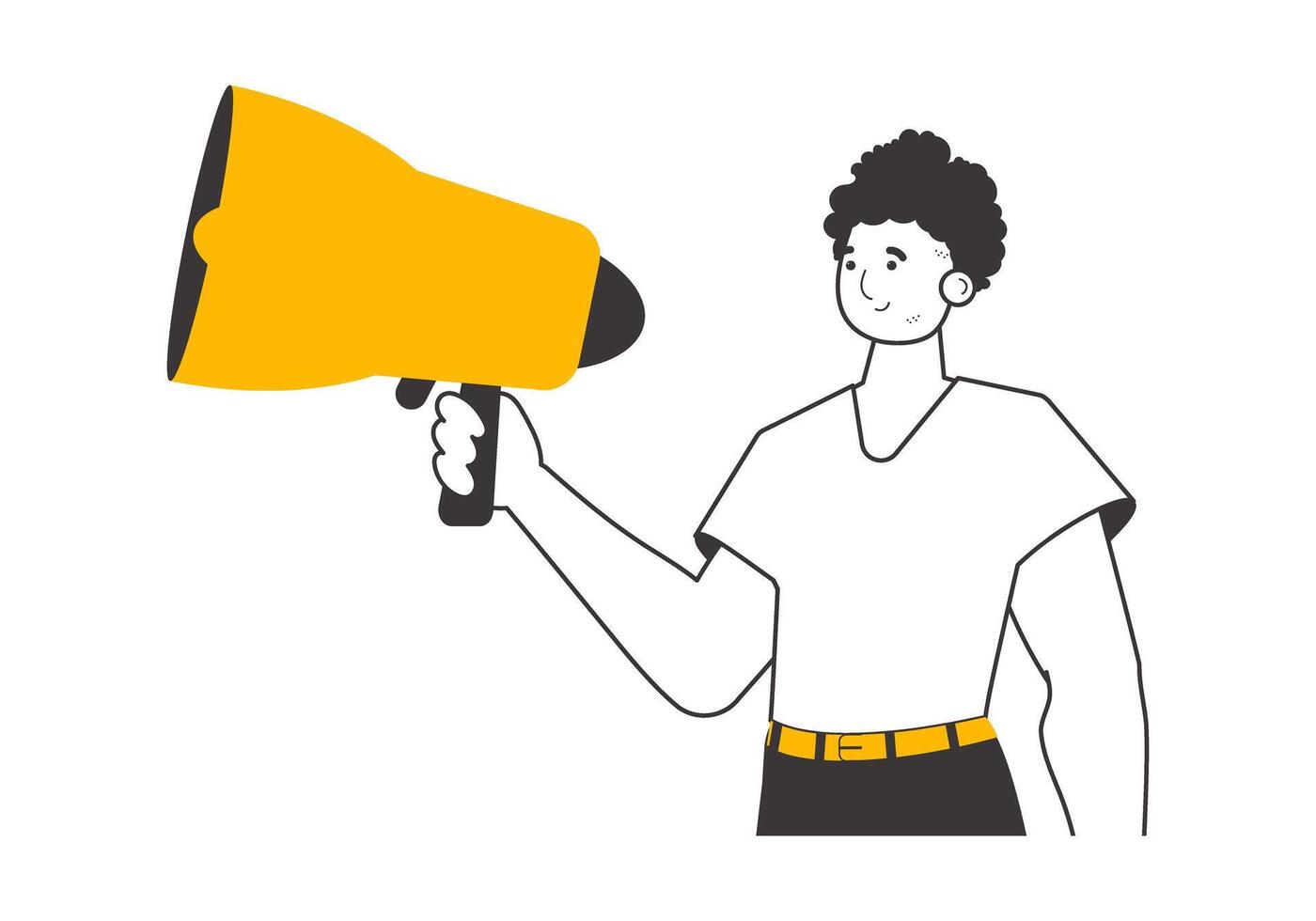 The guy is holding a bullhorn in his hands. Linear trendy style. Isolated. Vector illustration.