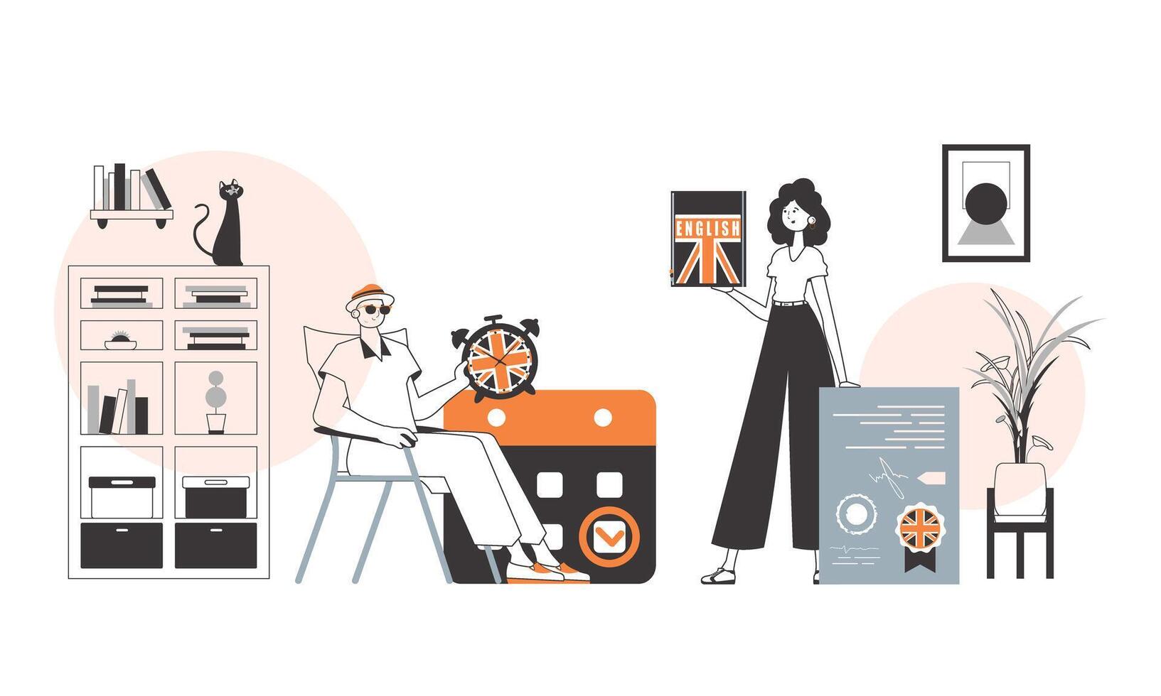 The team helps teach English. The concept of learning a foreign language. Lineart style. vector