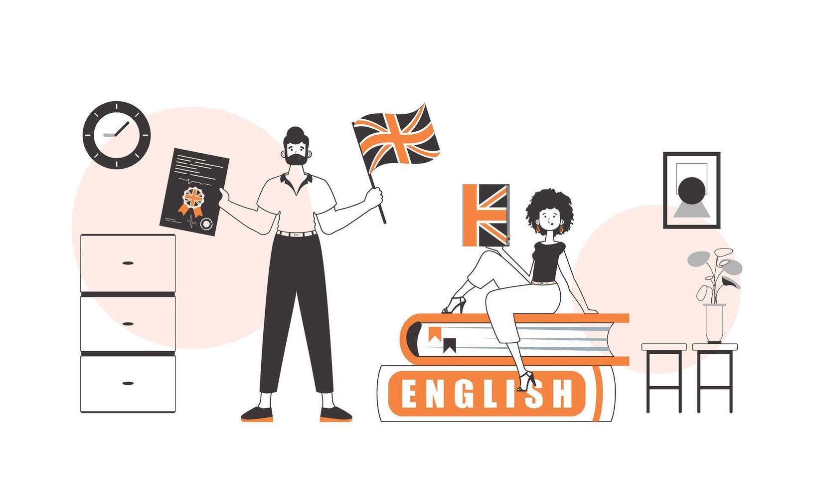 Guy and girl English teacher. The concept of learning a foreign language. Lineart modern style. vector