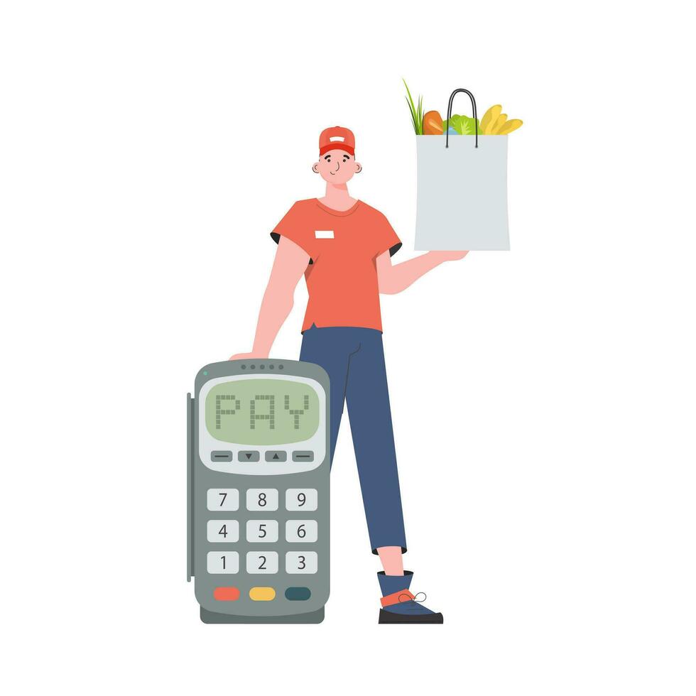 A man is holding a bag of food. Home delivery concept. Isolated. trendy style. Vector. vector