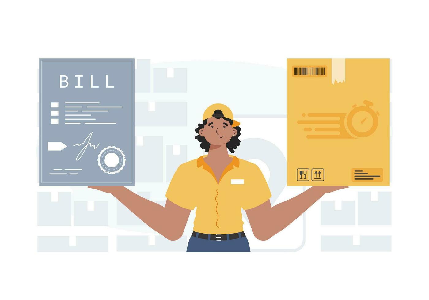 Delivery concept. The male courier is holding a box and a check. trendy style. Vector. vector