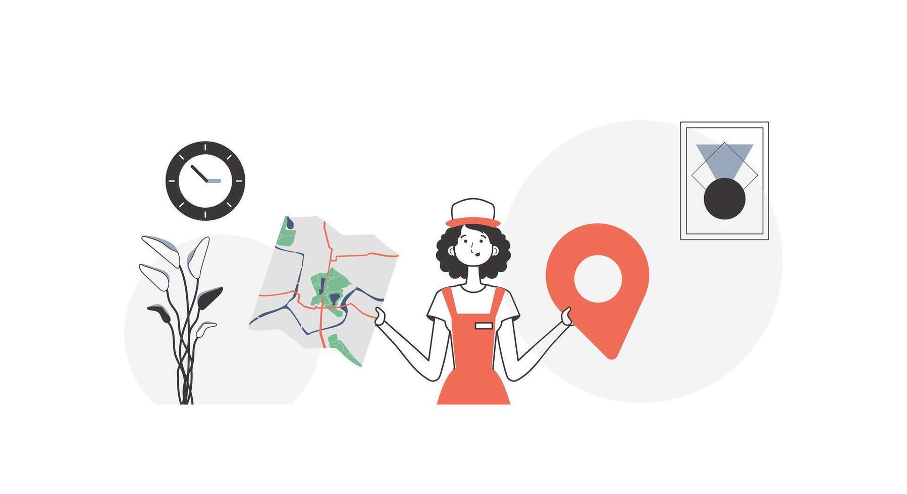 The girl is holding a map. Delivery concept. Linear style. vector