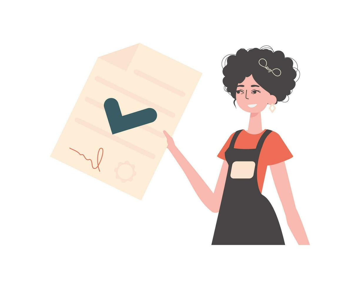 The woman is holding a document. Data protection. Smart contract. Trend style character. vector