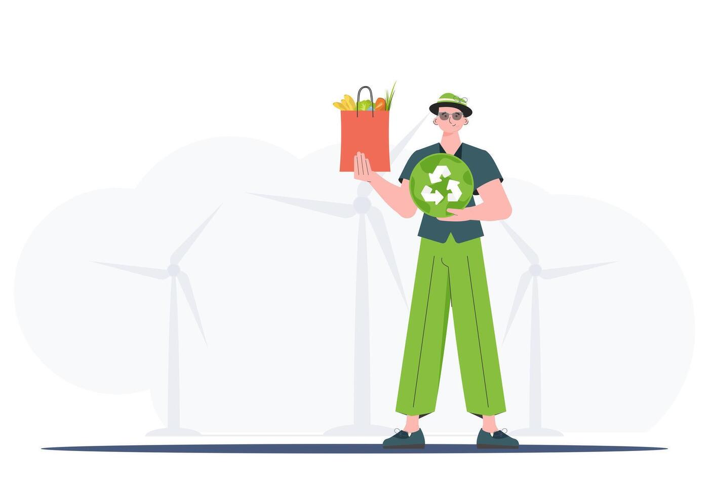 A full-length man is shown holding an EKO icon and a package of proper nutrition. Healthy food, ecology, recycling and zero waste concept. Flat trendy style. . vector