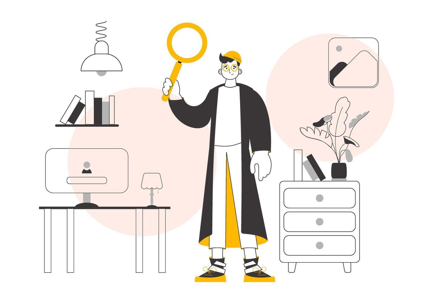 The guy is holding a magnifying glass in his hands. Search concept. Lines modern style. . vector