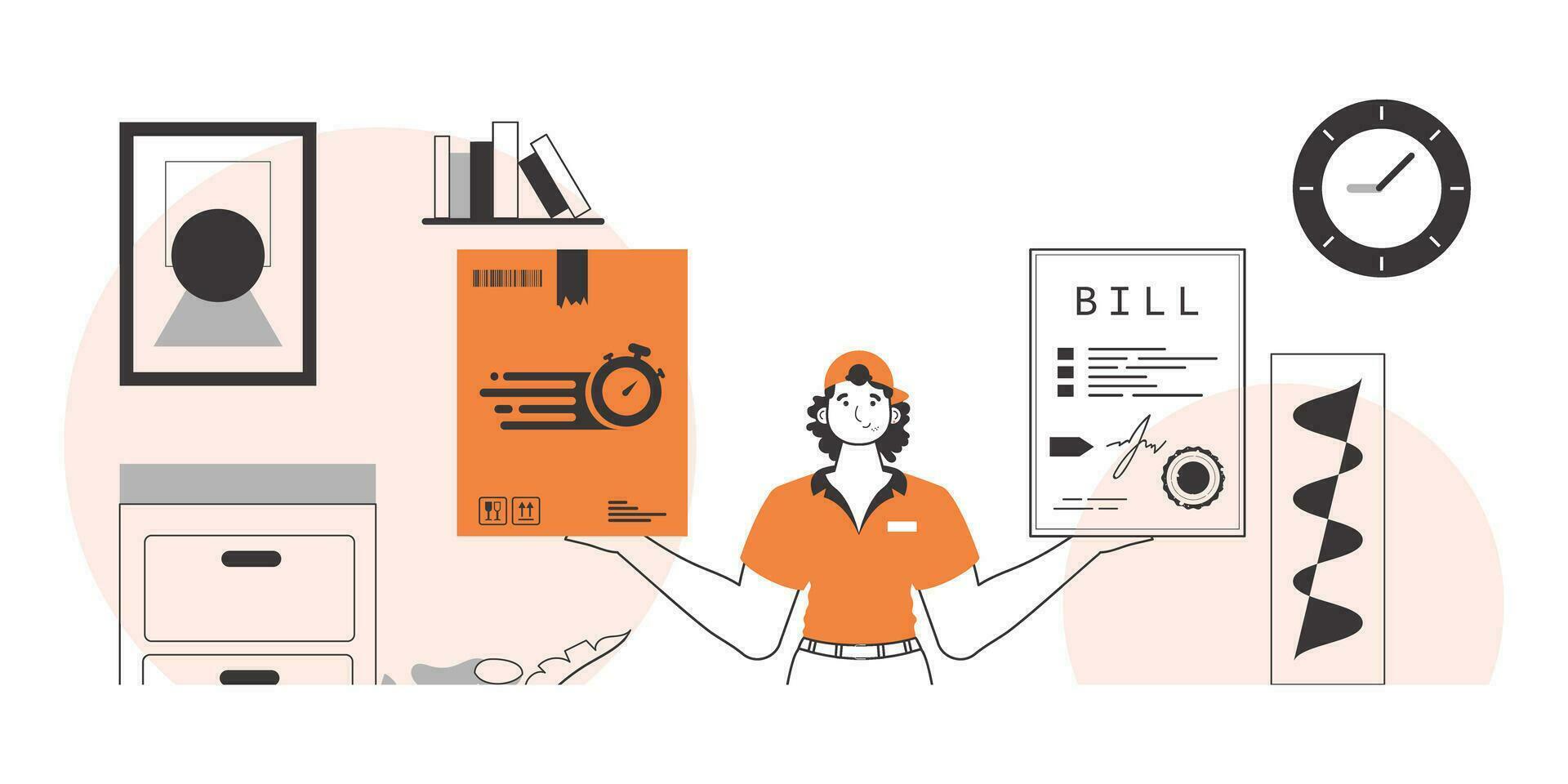 The guy holds a parcel and a check in his hands. Delivery concept. Linear style. vector