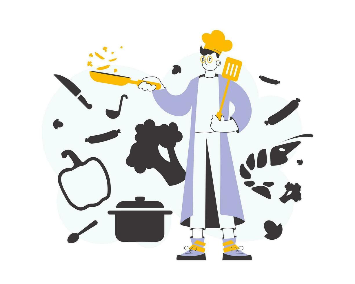 The guy cook is holding a frying pan. Line art style. Vector. vector
