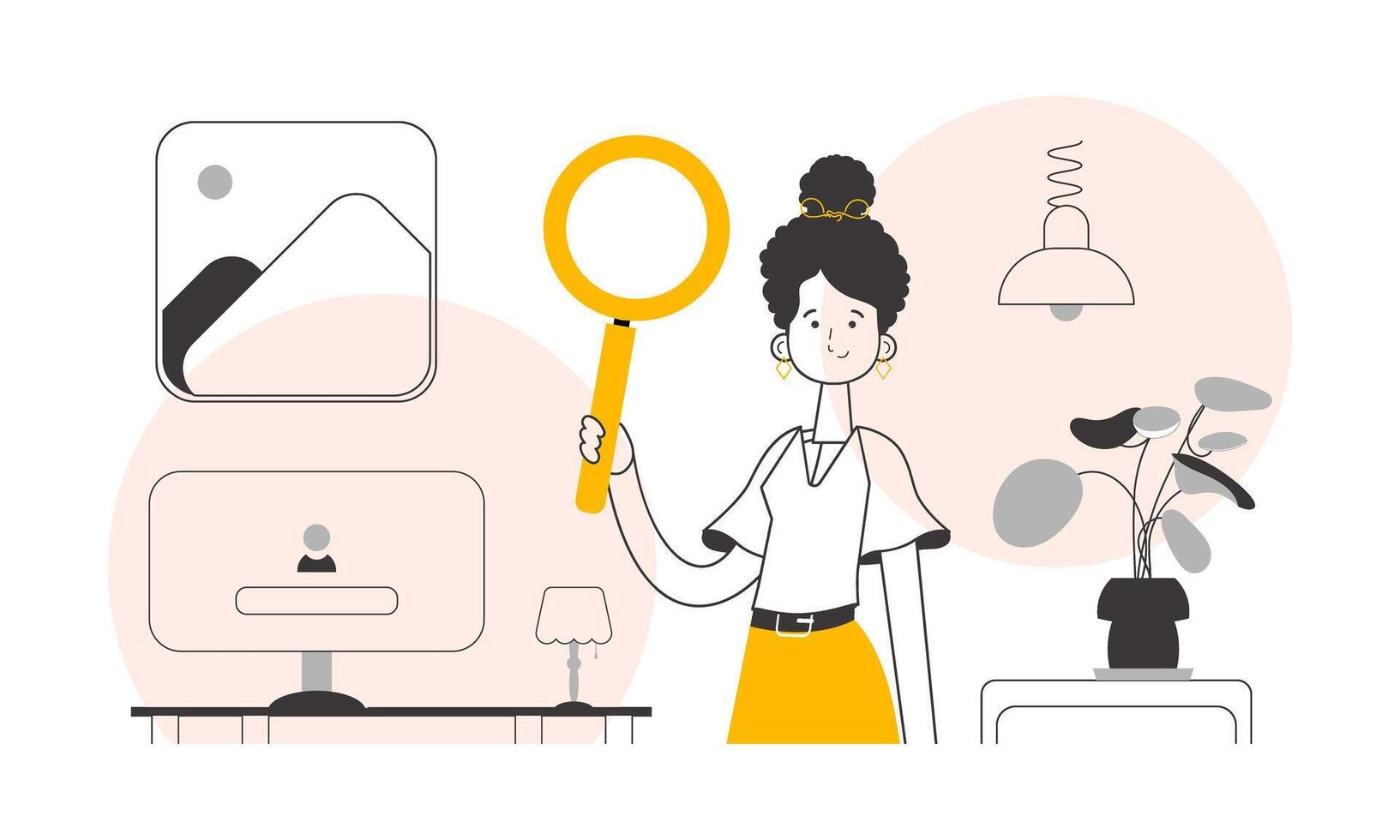 A woman holds a magnifying glass in her hands. Search concept. Linear trendy style. Vector illustration.