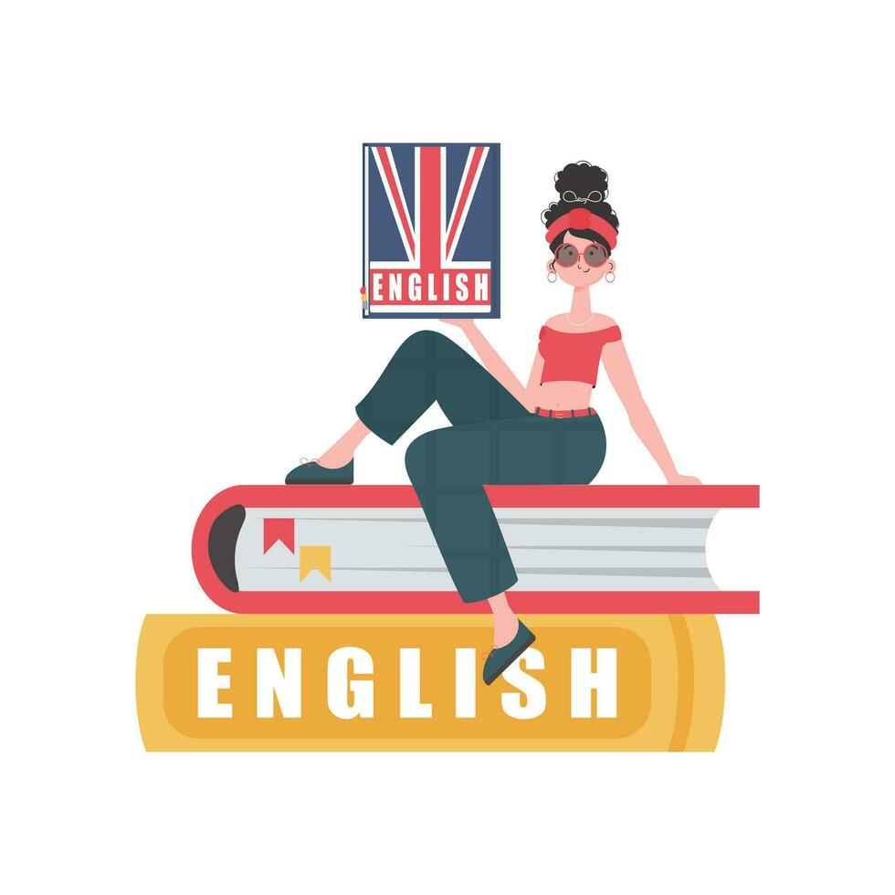 un mujer se sienta en libros y sostiene un Inglés diccionario en su manos. el concepto de aprendizaje inglés. aislado. de moda dibujos animados estilo. vector. vector