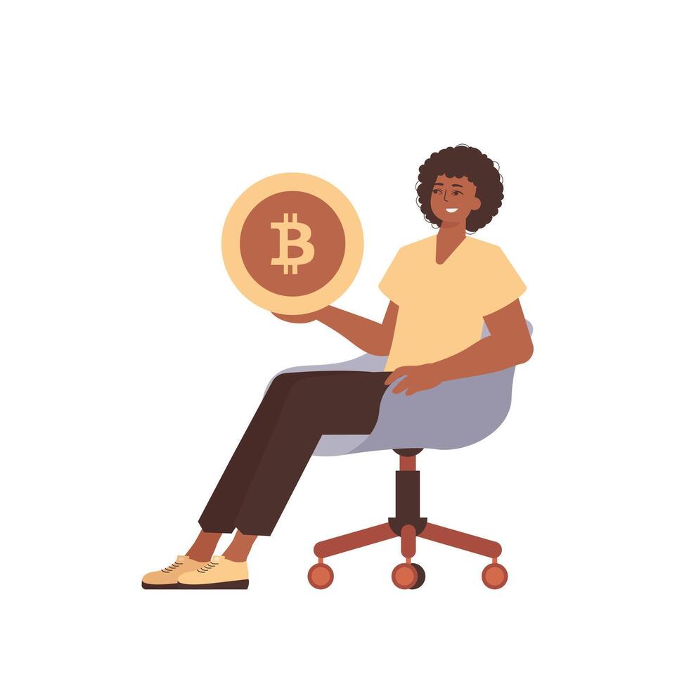 The guy sits in a chair and holds a bitcoin in his hands. Character in modern trendy style. vector