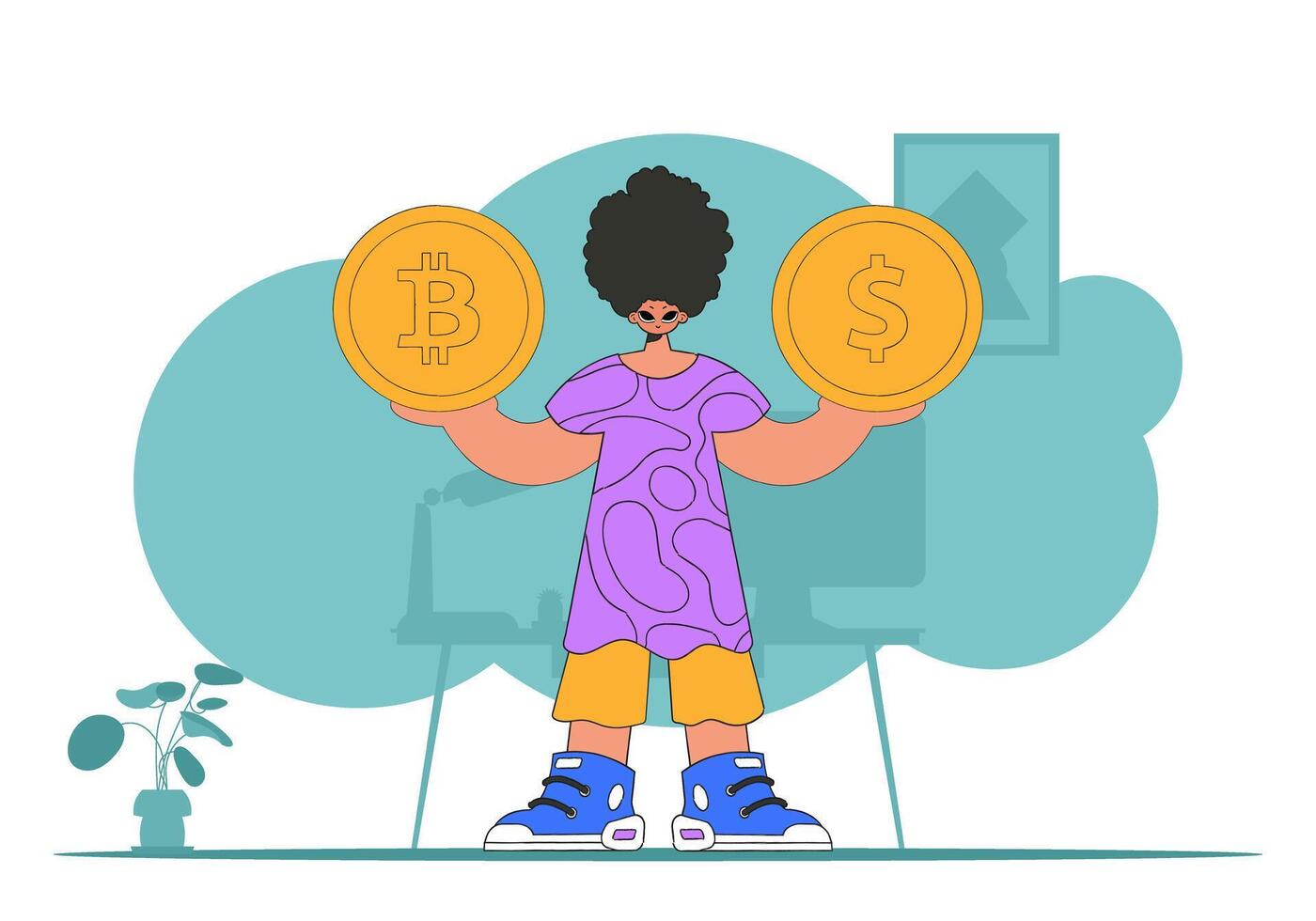 Man holding dollar and bitcoin. The concept of interaction with digital monetary assets. vector