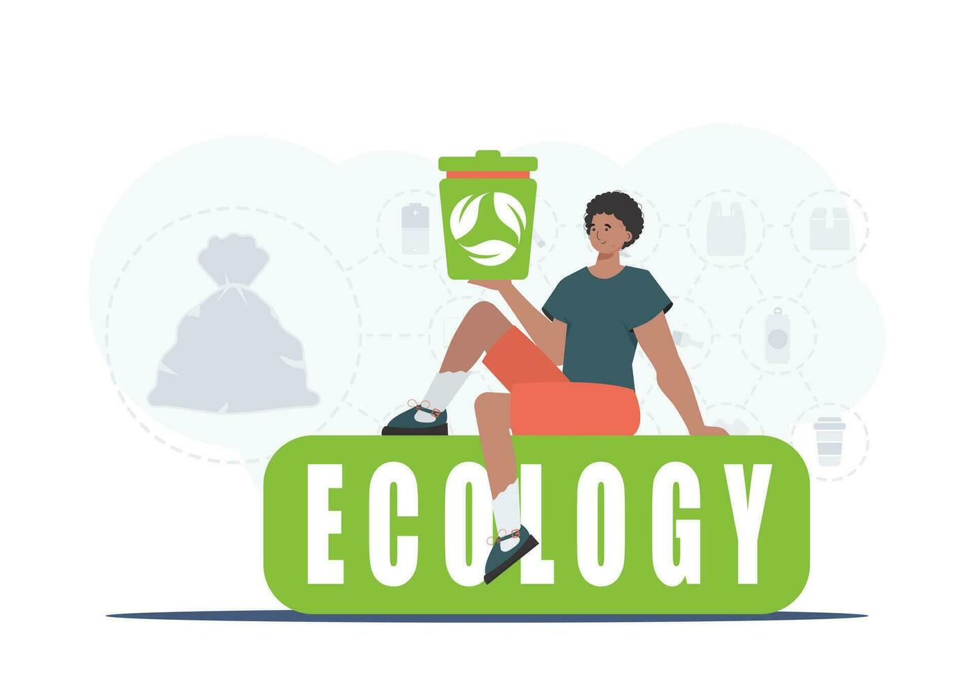 The guy sits and holds a trash can in his hand. The concept of ecology and recycling. Vector illustration Flat trendy style.