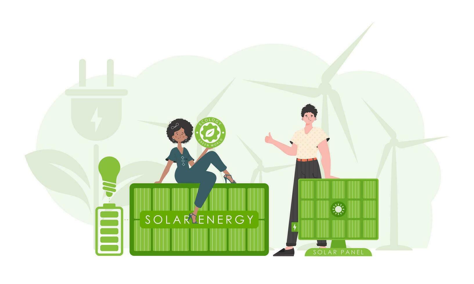Man and woman and solar panels. Green energy concept. Vector illustration.