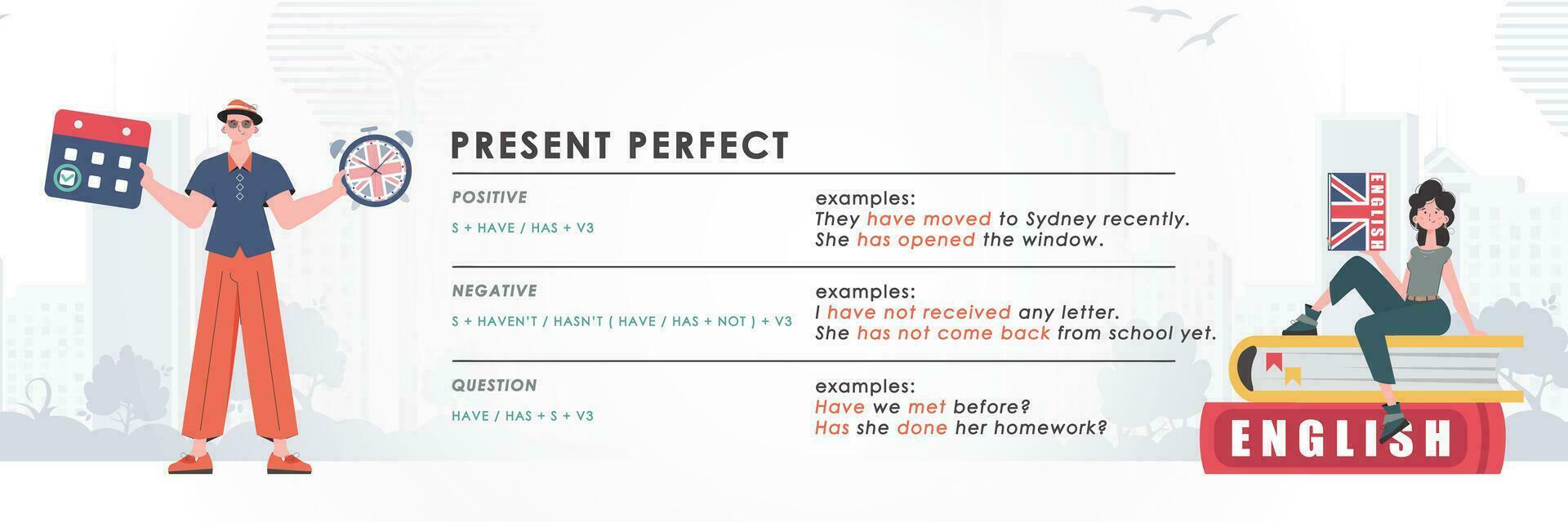 Present perfect. Rule for the study of tenses in English. The concept of learning English. Trendy character cartoon style. Vector illustration.