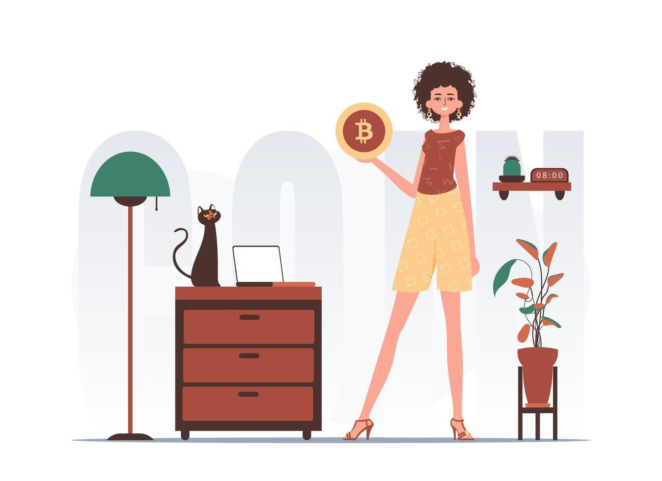 The concept of mining and extraction of bitcoin. A woman holds a bitcoin in her hands in the form of a coin. Character with a modern style. vector