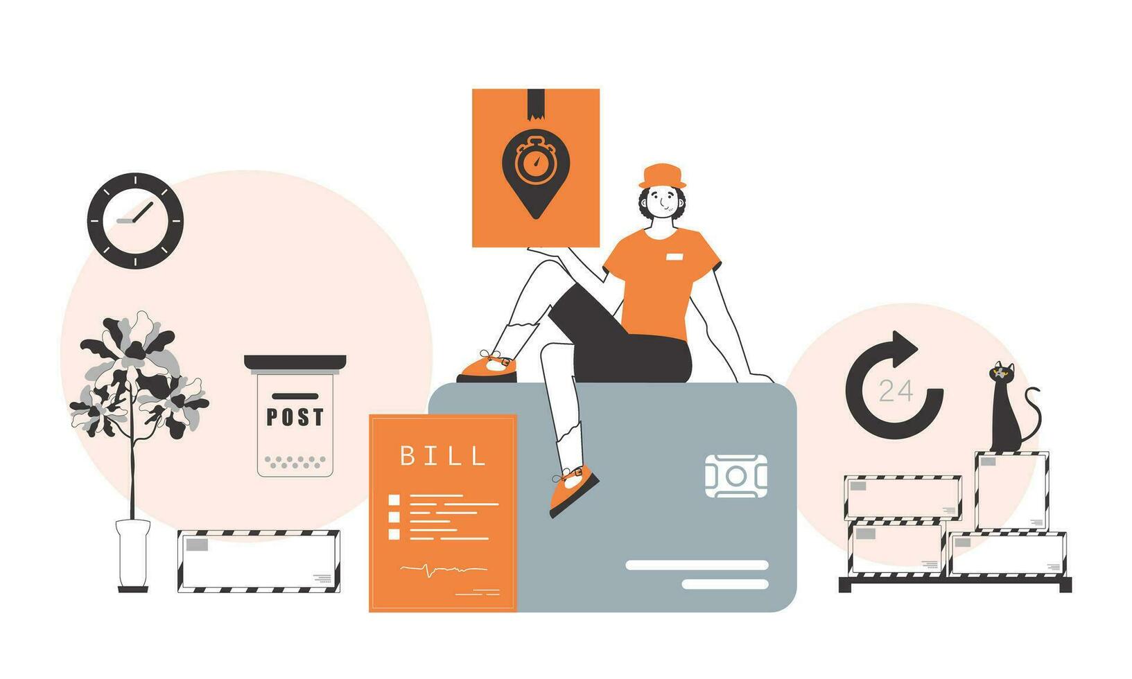 The guy is sitting on a bank card and holding a parcel. Parcel delivery concept. Linear style. vector