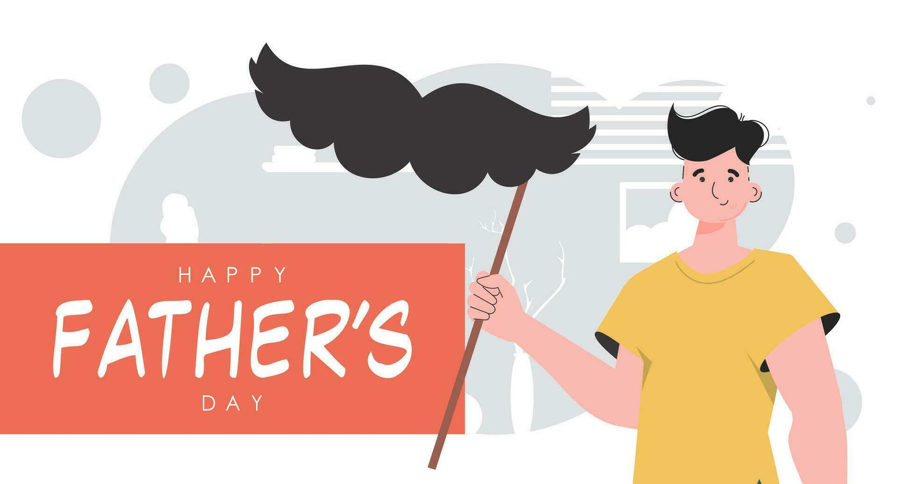 Father's day banner. The guy is holding his mustache on a stick. Cartoon style. Vector illustration.