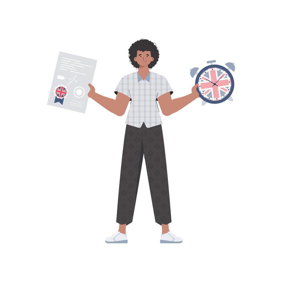 Male teacher shows that it's time to learn English. The concept of learning English. Isolated. Flat modern style. illustration. vector