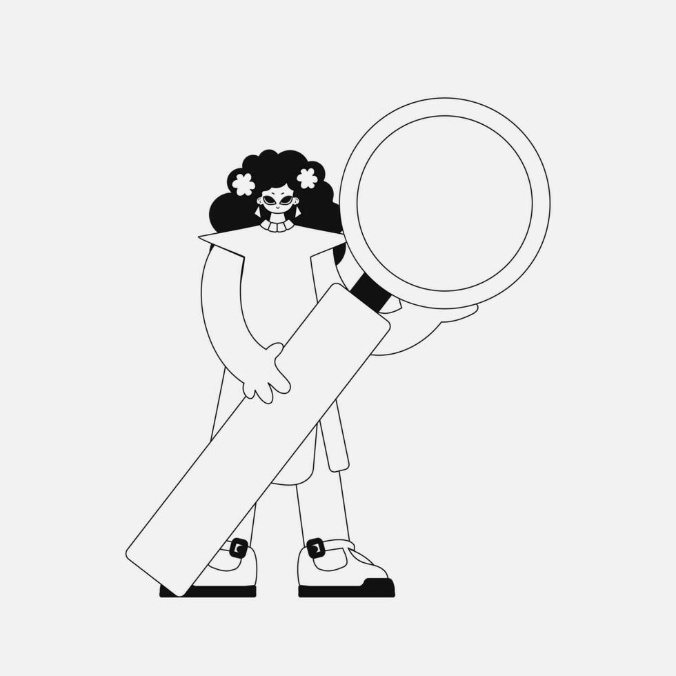 Charming woman holds in her hands a magnifying glass, magnifier. Linear black and white style. vector