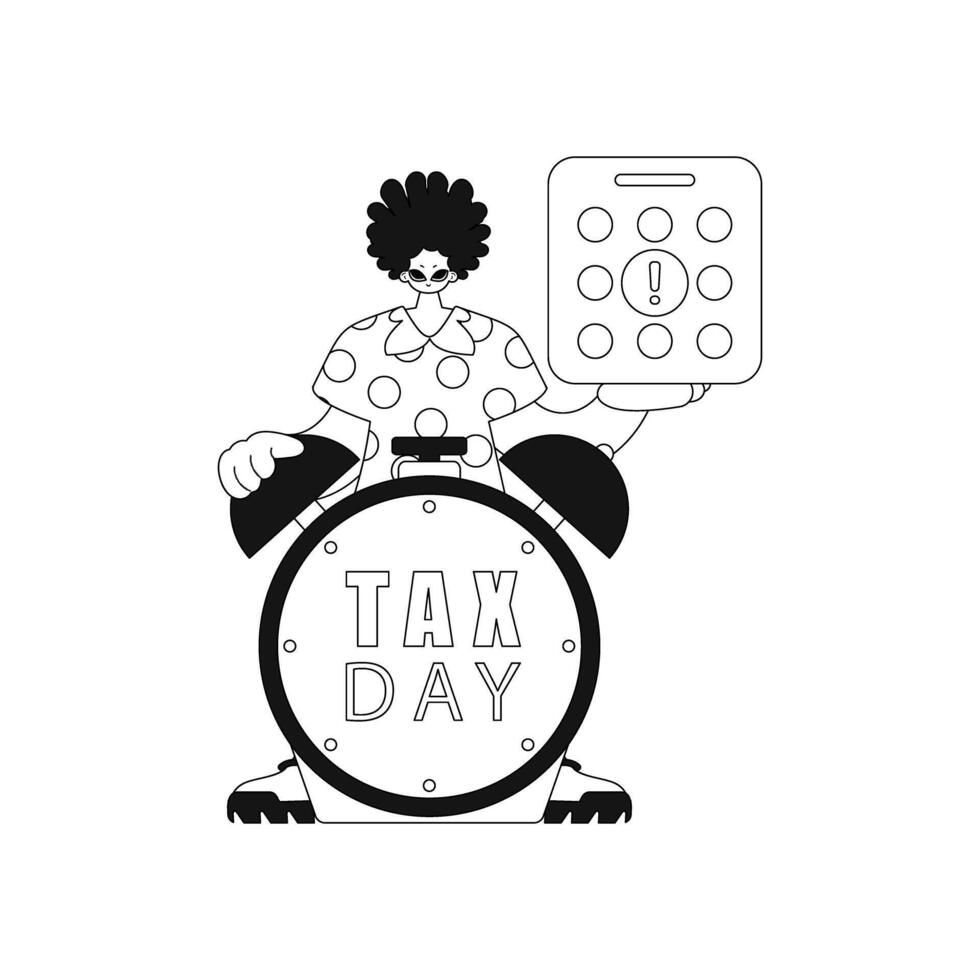 Man with calendar and clock, counting down to Tax Day. Linear vector illustration.