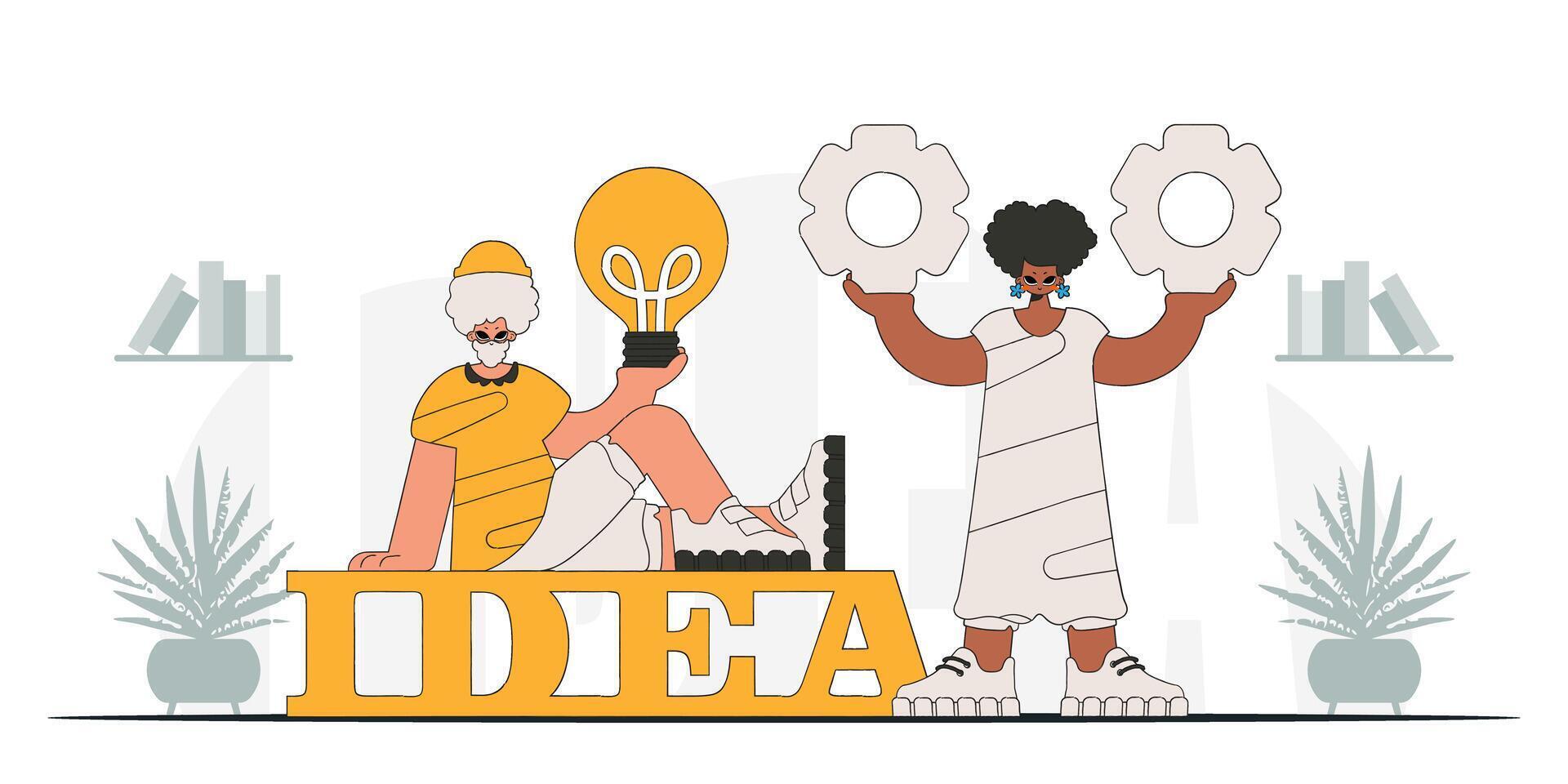 The fashion team solves problems and generates ideas. Light bulb and gears in their hands. Idea concept. trendy character. vector