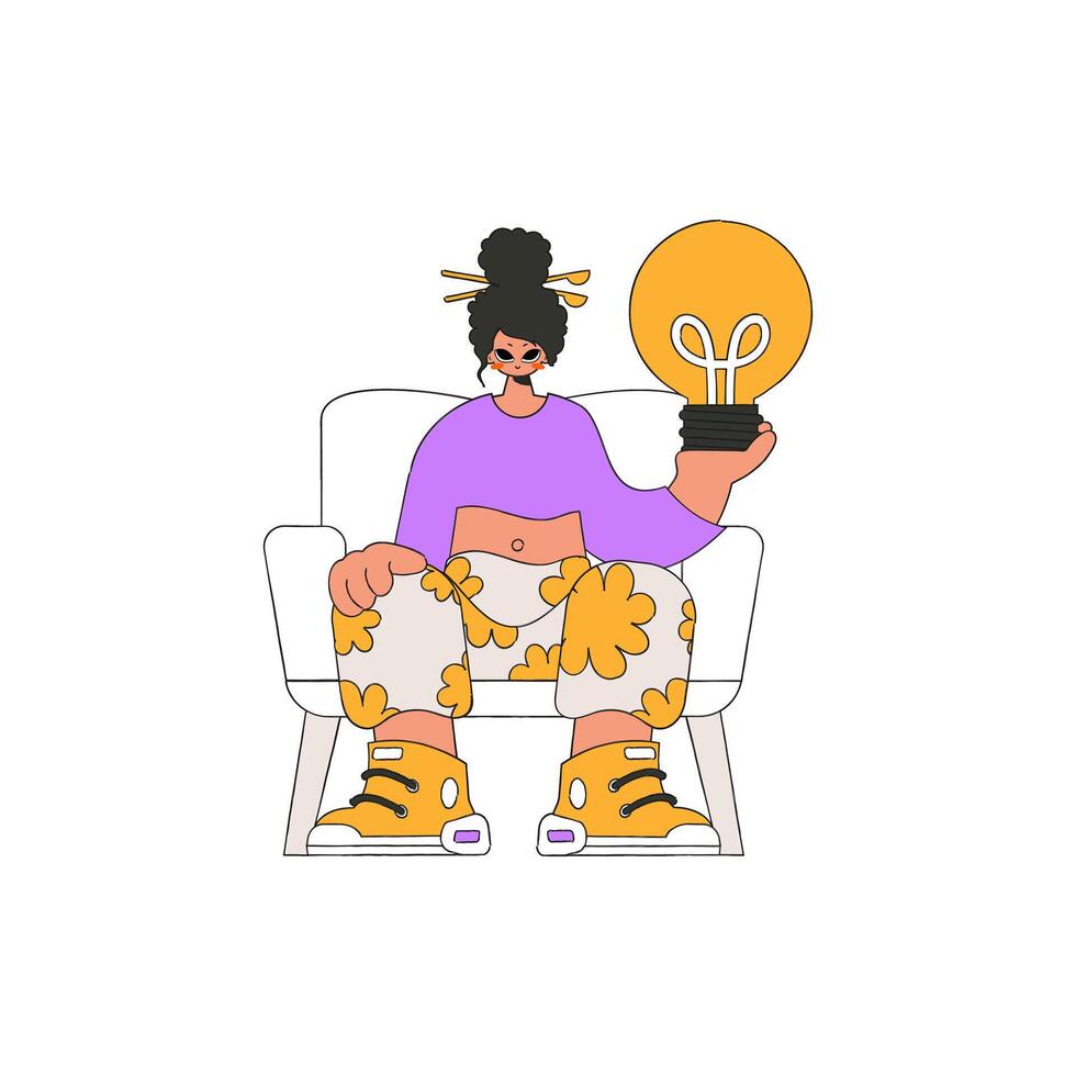 Refined woman holding a light bulb. Idea theme. vector