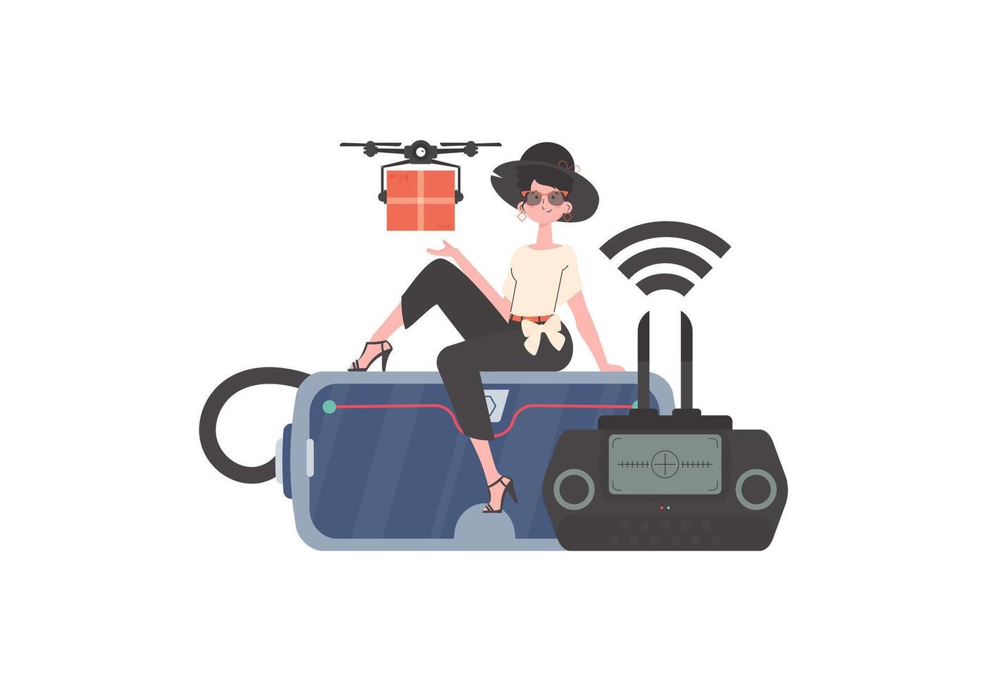 The concept of cargo delivery by air. A woman controls a quadcopter with a parcel. Isolated. . vector