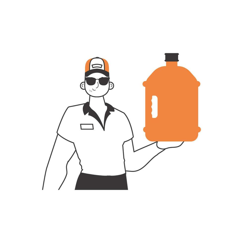 Water delivery concept. Loader with a large bottle of water in his hands. Linear trendy style. vector