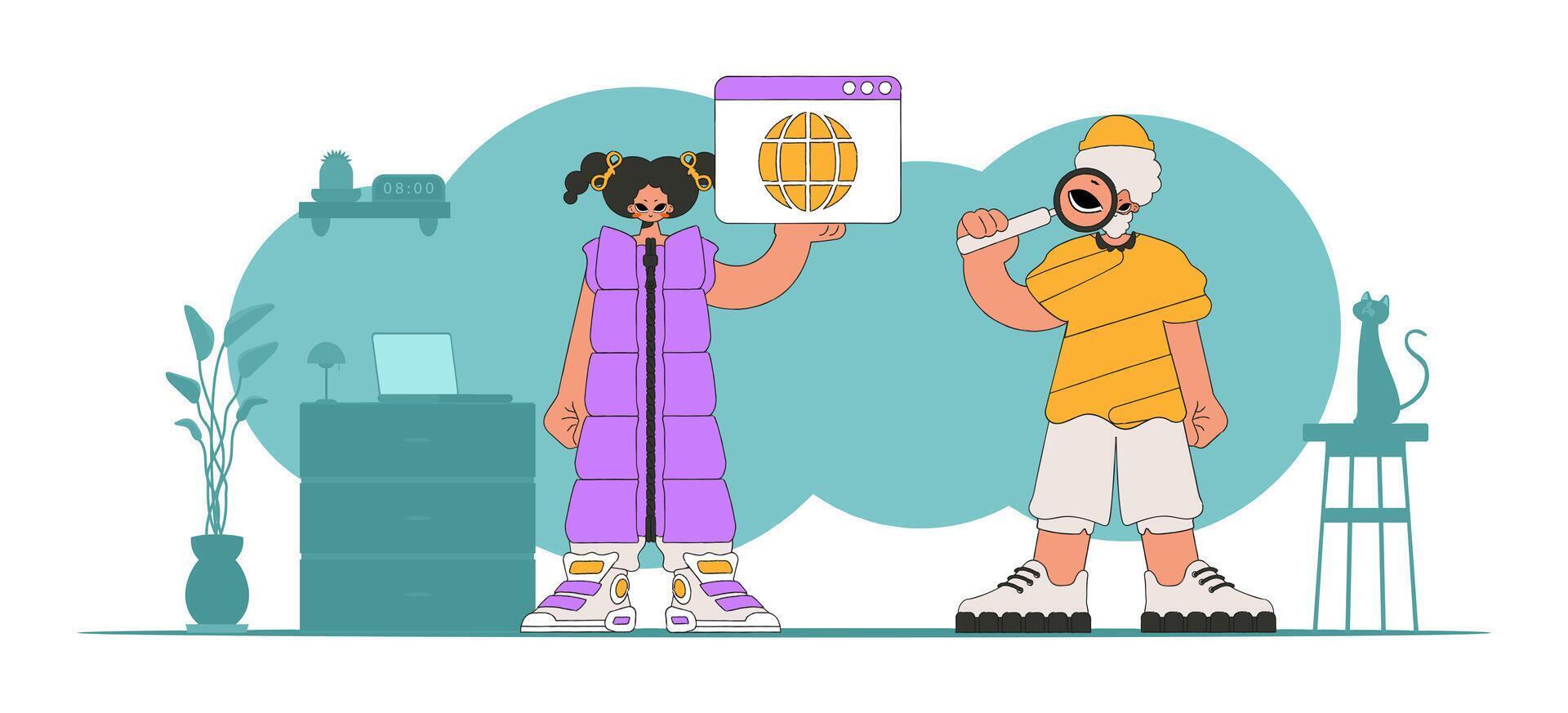 A bright and stylish illustration of a guy and a girl looking for information. Modern character style. Perfect for adding a modern and tech touch to your project. vector