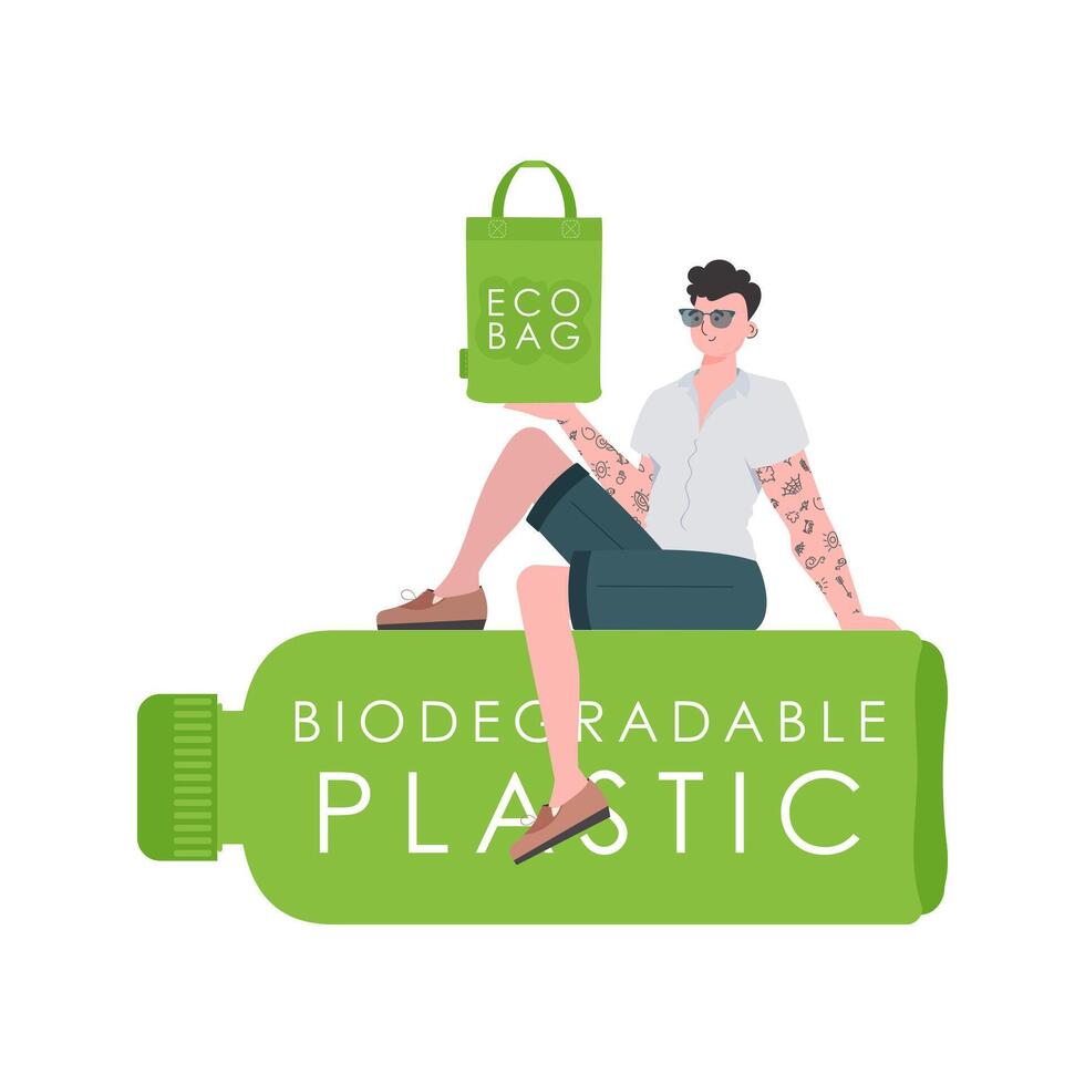 A man sits on a bottle made of biodegradable plastic and holds an ECO BAG in his hands. Concept of green world and ecology. Isolated on white background. Fashion trend vector illustration.