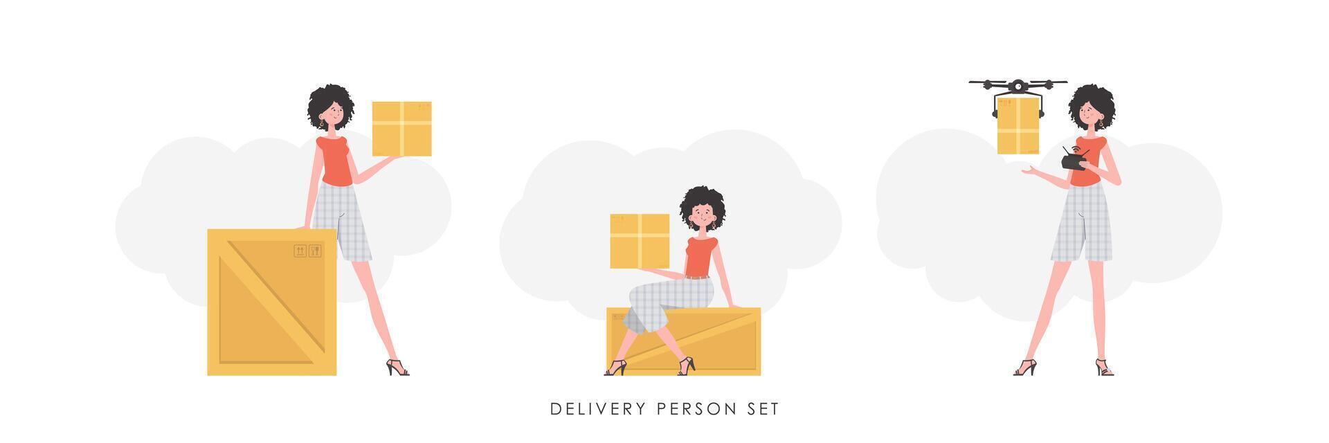 Set of a girl with a box and a parcel. Delivery concept. trendy style. . vector