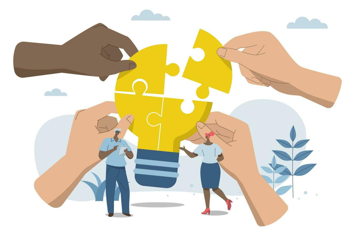 Effective teamwork, problem solving, or ways to improve, career development concept, symbol of teamwork, Big hands work together to complete the light bulb jigsaw puzzle in harmony. vector