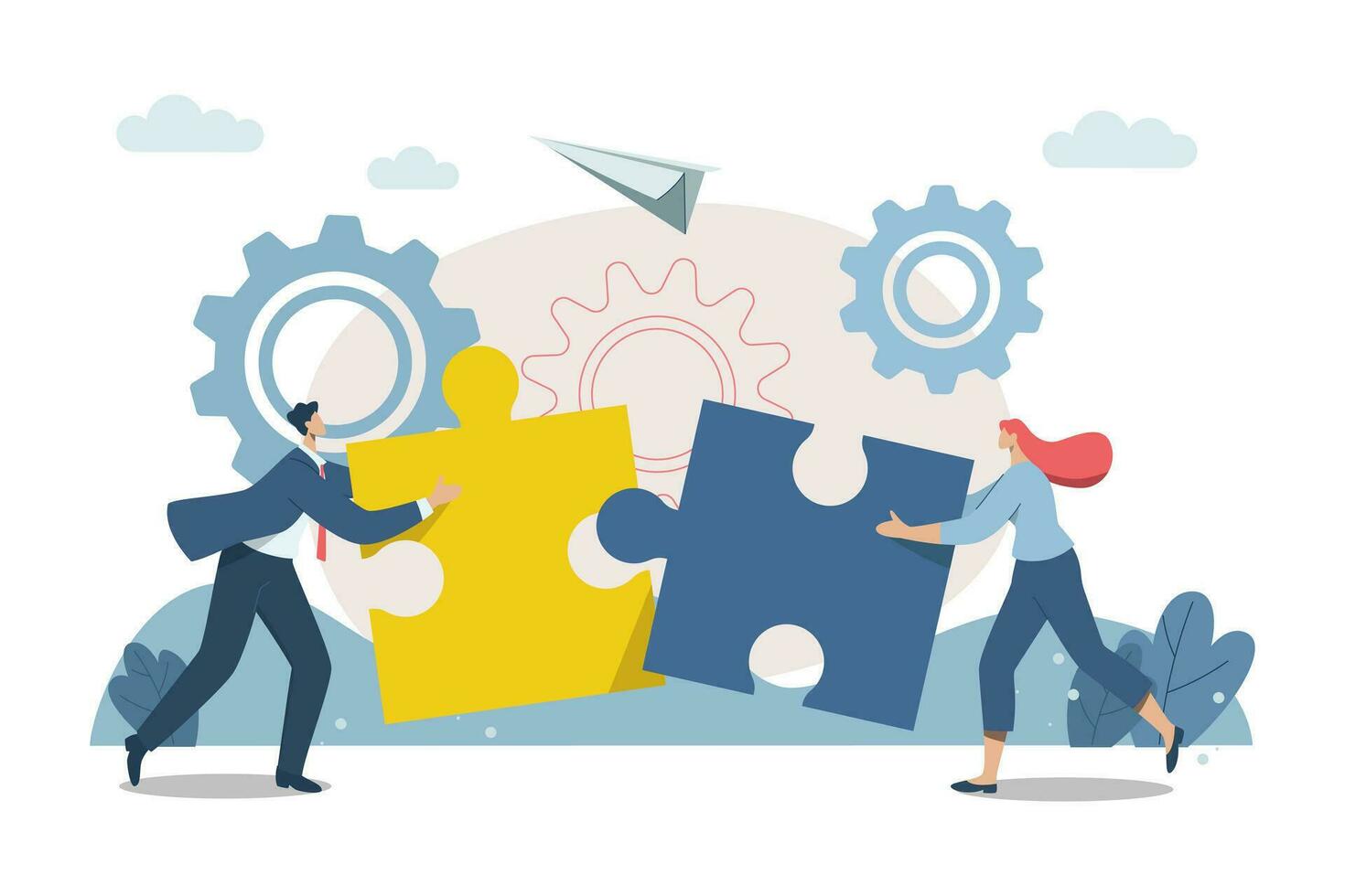 Effective teamwork, problem solving, or ways to improve, career development concept, symbol of teamwork, Business people work together to complete jigsaw puzzle in harmony. Vector design illustration.