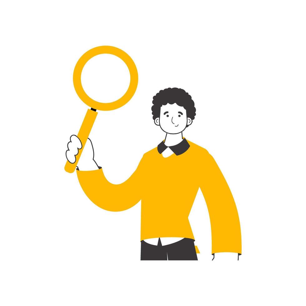 The guy is holding a magnifying glass in his hands. Search concept. Line art style. Isolated on white background. illustration. vector