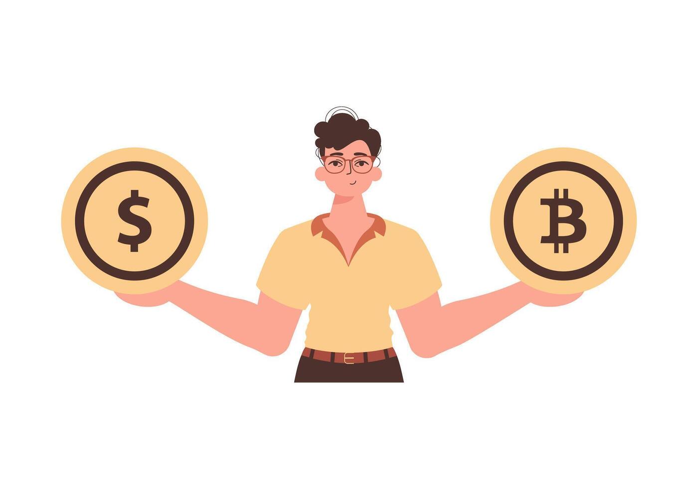 The guy holds a bitcoin and a dollar in his hands. Character with a modern style. vector