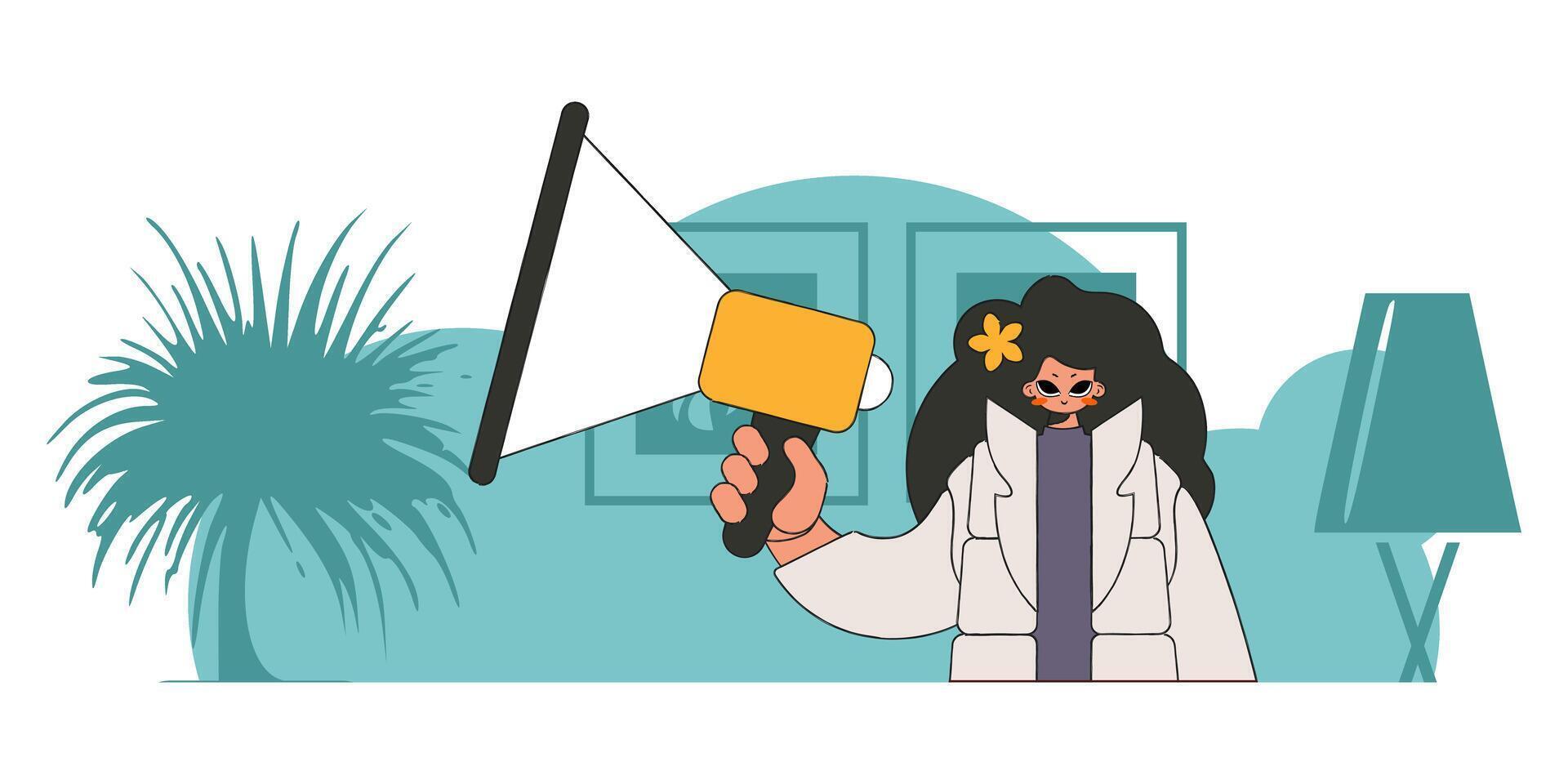 Concept Attraction and search of personnel. A girl with a megaphone, symbolizing the search for people in the labor market. vector
