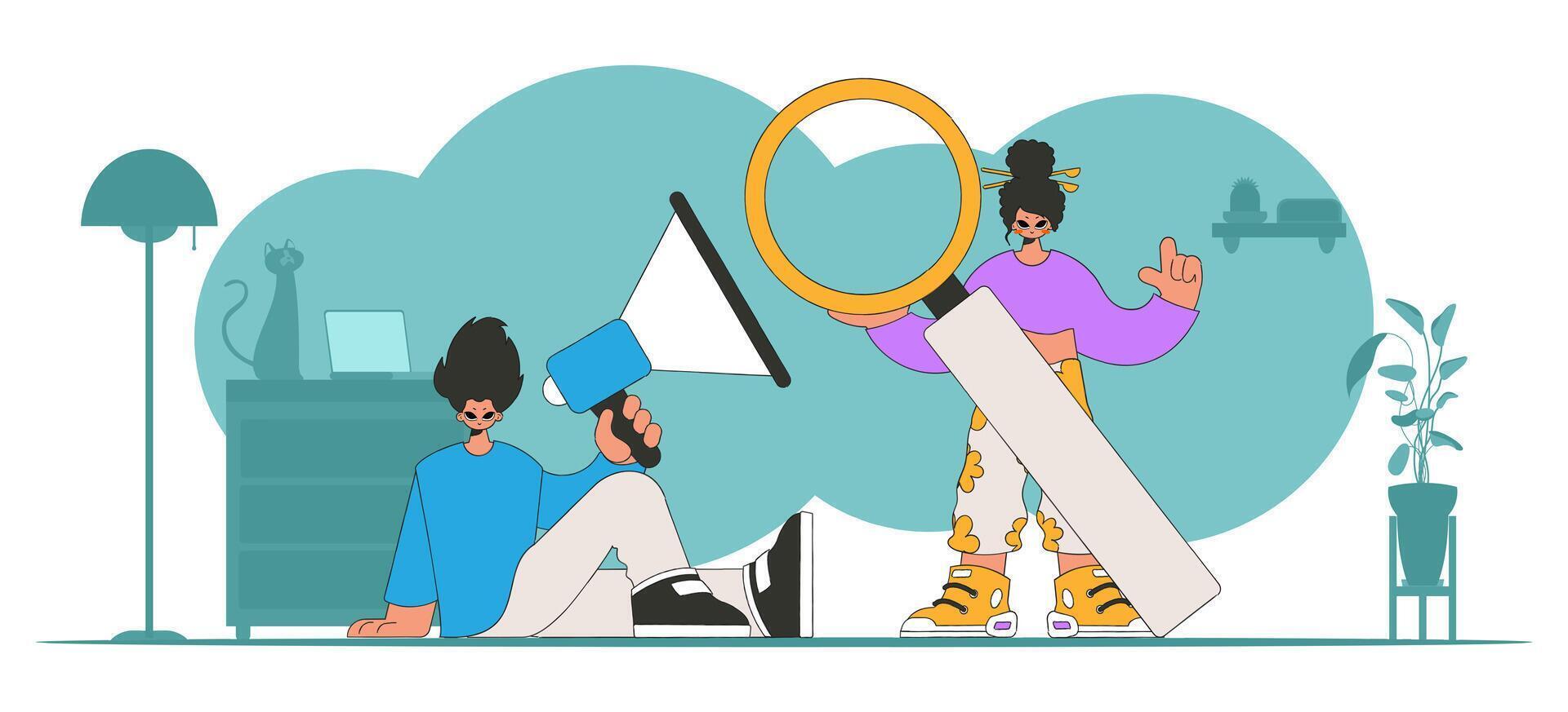 illustration of HR representative team. Attractive girl sits in a chair and holds a megaphone in her hand. vector
