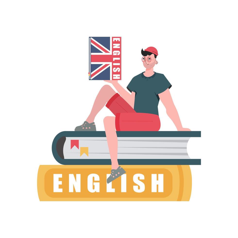 un hombre se sienta en libros y sostiene un Inglés diccionario en su manos. el concepto de aprendizaje inglés. aislado. de moda estilo. vector. vector