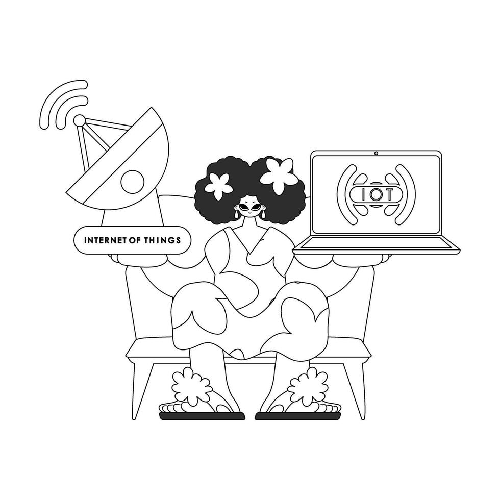 A female holds a laptop and an antenna to use IoT info vector look in a line