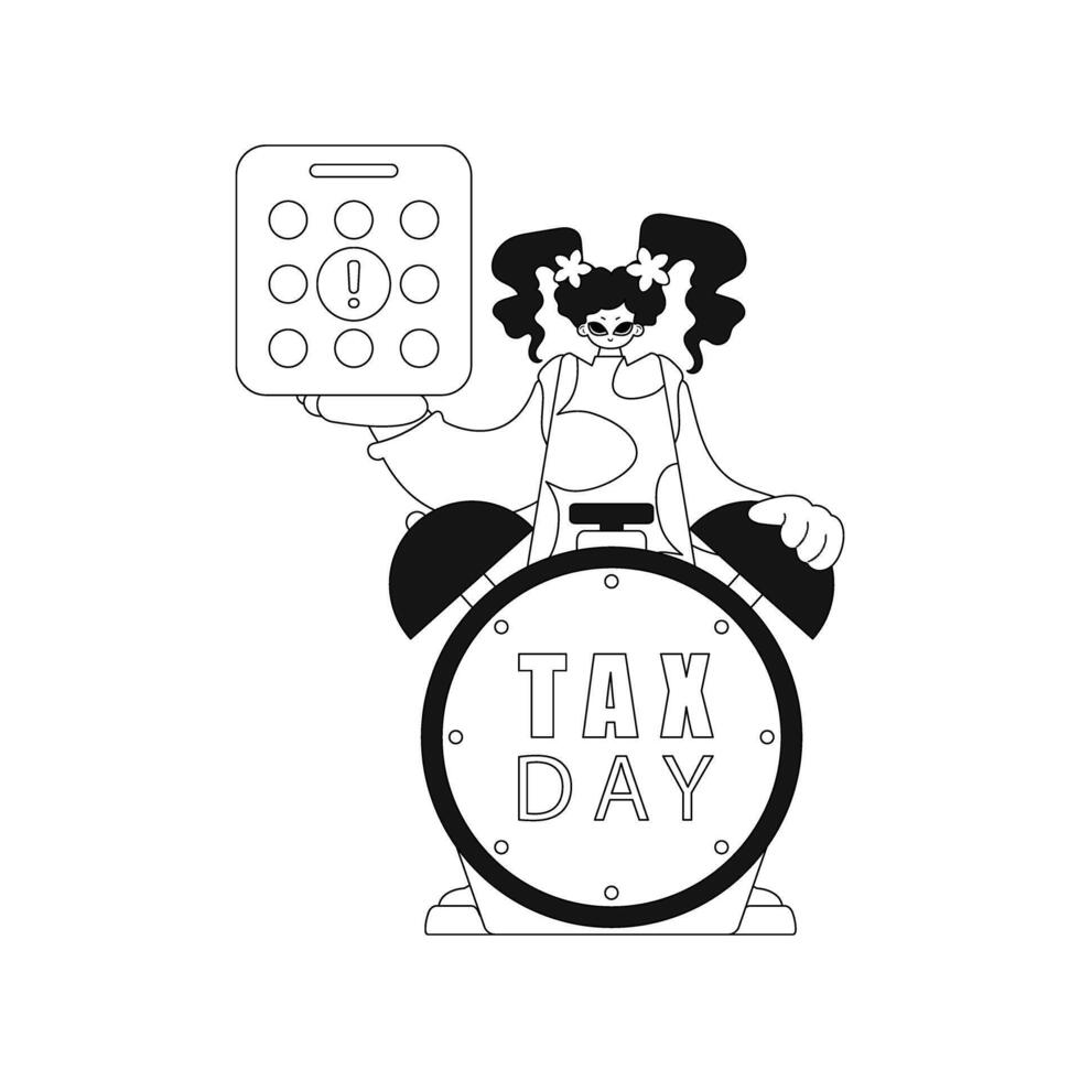 Girl holds calendar and alarm clock, symbolizing tax day. illustration in linear style. vector