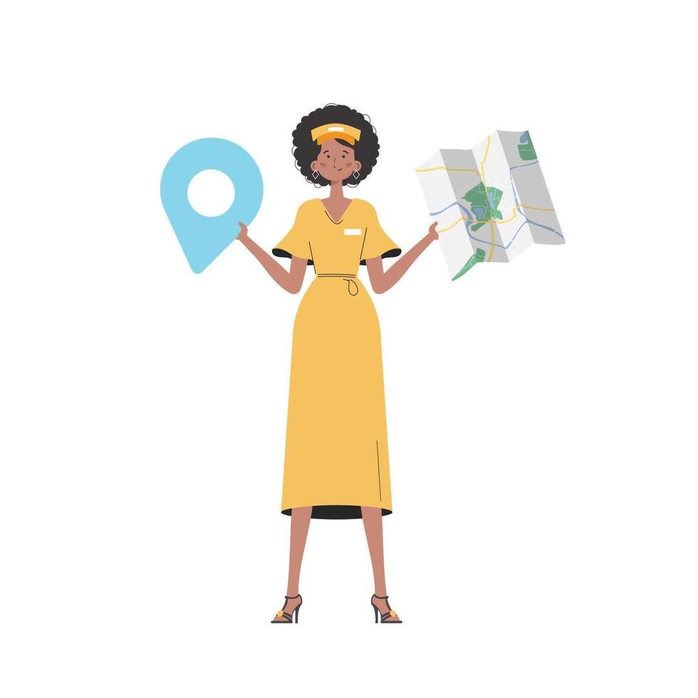 Girl water delivery operator holding a map. Stylish character is depicted in full growth. Isolated on white background. Vector illustration.