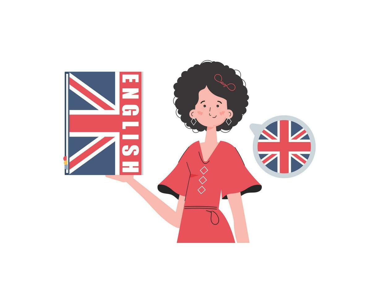 A woman holds an English dictionary in her hands. The concept of teaching English. Isolated. trendy style. Vector illustration.
