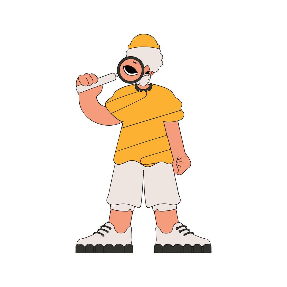 The man is holding a magnifying glass. Search for information. Retro style character. vector