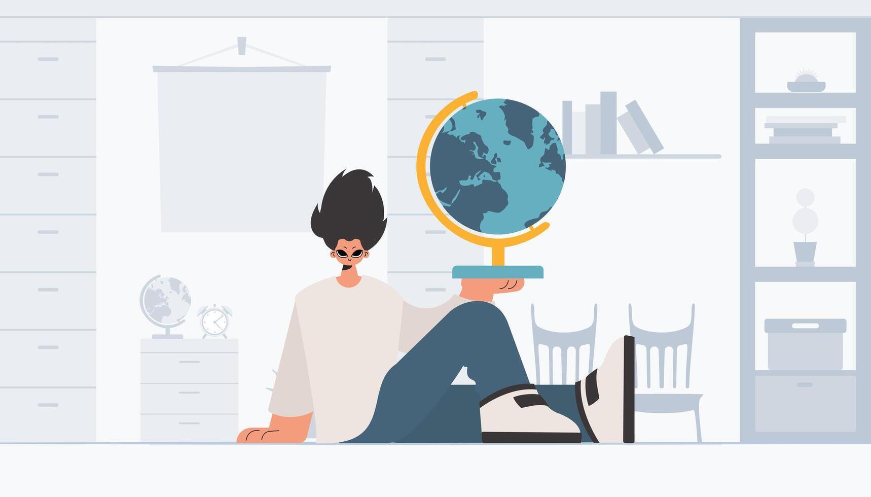 The individual is holding a colossal globe, the subject of learning. Trendy style, Illustration vector