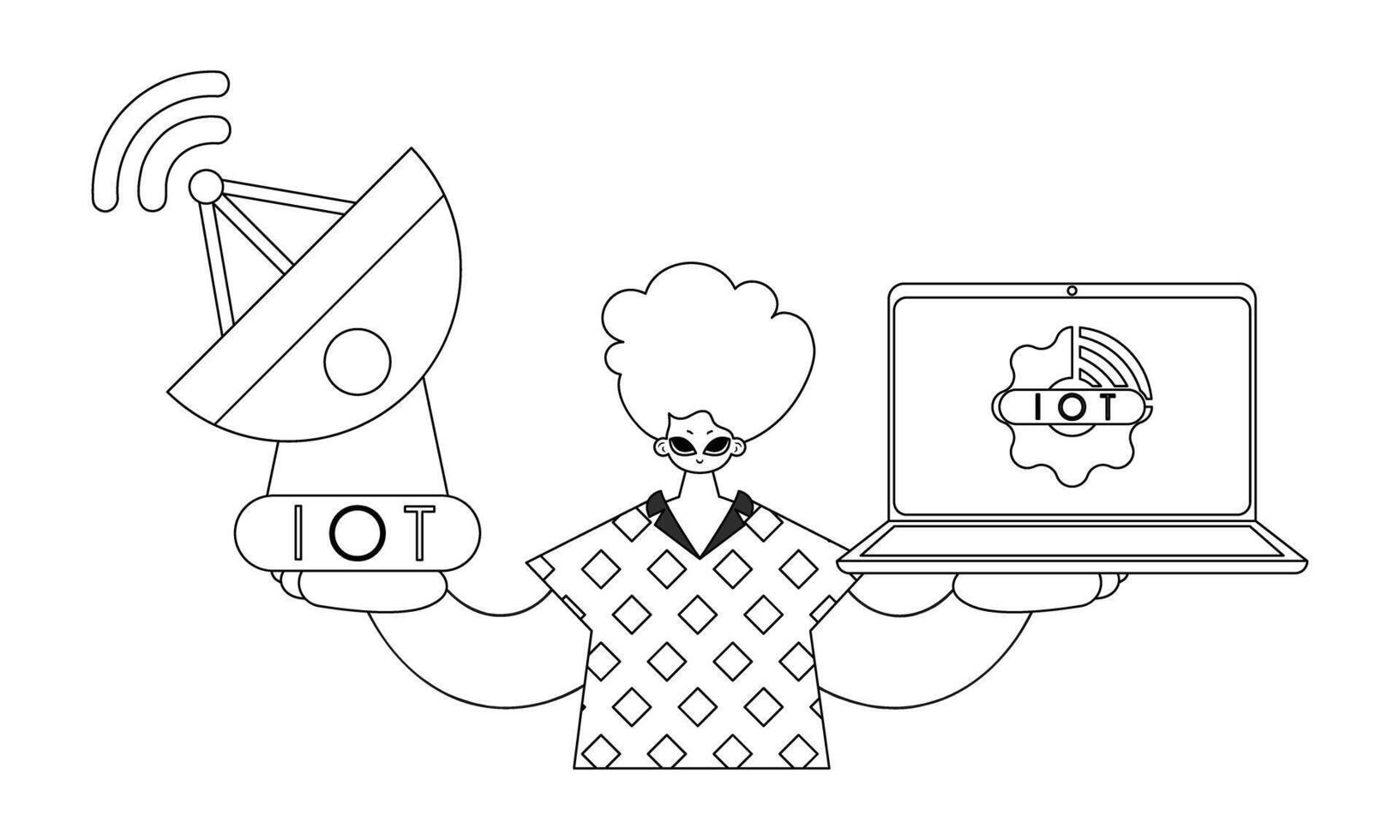 Guy holds antenna and laptop to work IoT data, in vector linear style