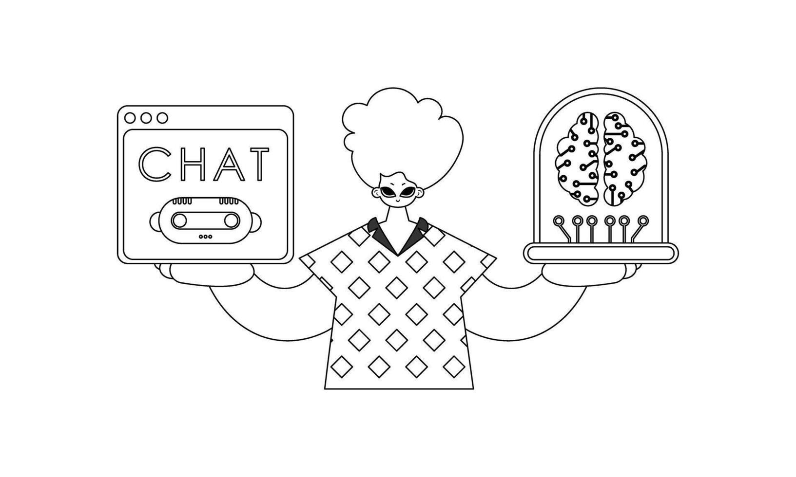 A cartoon man holding up a computer and a tablet vector