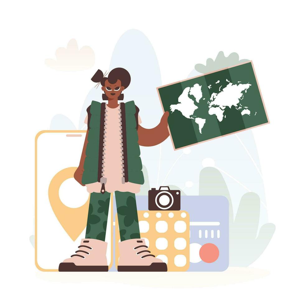 Youthful woman Holding a Chart, Uncovering Unused Horizons, Getting a handle on the Encounter of Travel and the Charm of Looking at the World. vector