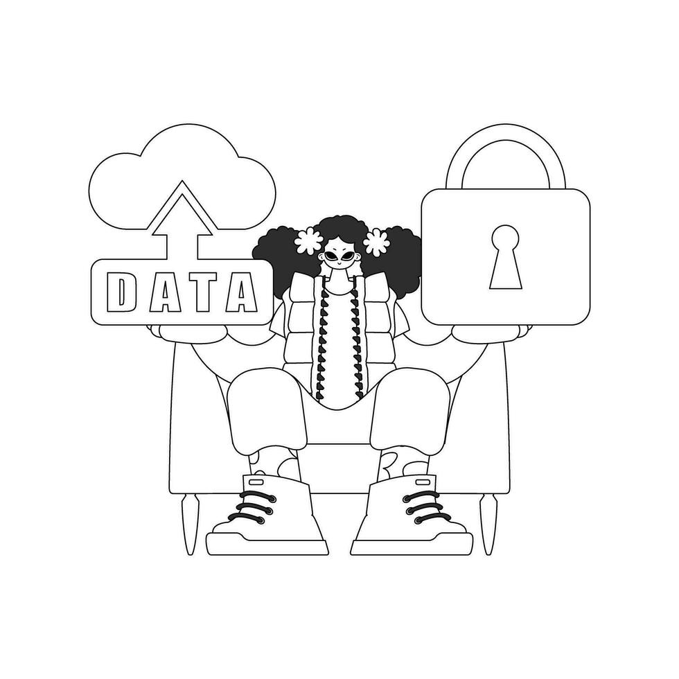 Girl holding logo for internet of things, vector cloud storage style